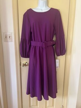 London Times Purple Belted Midi Dress with Balloon Sleeves